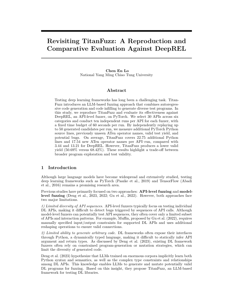 First page of Revisiting TitanFuzz: A Reproduction and Comparative Evaluation Against DeepREL